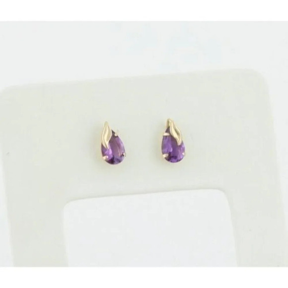 10k Yellow Gold Natural Purple Amethyst Earrings Stud Post - Picture 6 of 8